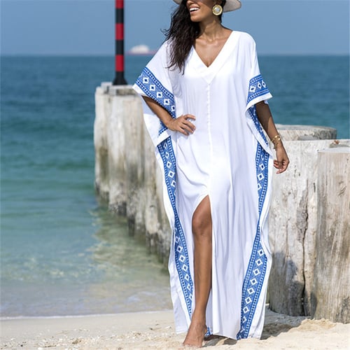 2021 Casual V-Neck Bats Sleeve Side Split Beach Kaftan Loose Summer Dress  White Cotton Tunic Women Street Wear Maxi Dress N887 - buy 2021 Casual V- Neck Bats Sleeve Side Split Beach Kaftan