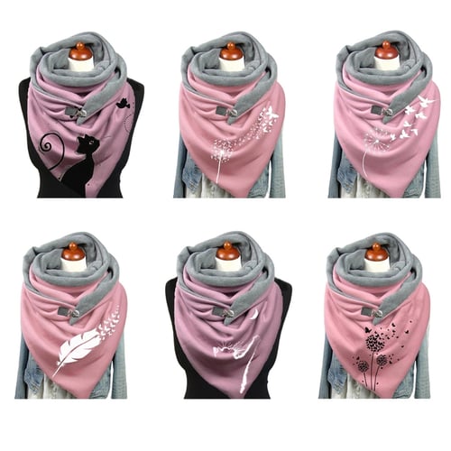 Casual Wrap Soft Warm Scarves Printing Fashion Button Shawls Women