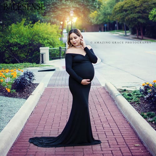 LUCKME Maternity Dress for Photography Off Shoulder Chiffon Gown Props Dress for Photoshoot Sleeveless Pregnancy Dress for Baby Shower 