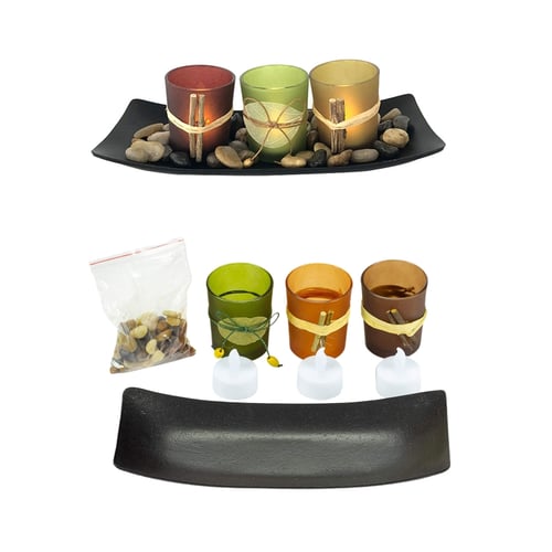 Natural Candlescape Set 3 Decorative Candle Holder with Rock and Tray Home Decor 
