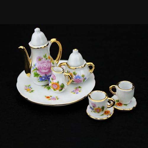 Miniature Ceramic Teapot with Tray Dollhouse Decoration Pretend Play Toy Model 