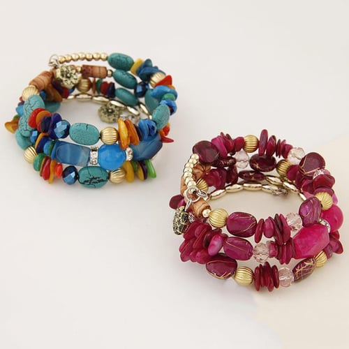 Woman Boho Shell Glass Beads Multilayer Bracelet Bangle Beach Jewelry Charm 