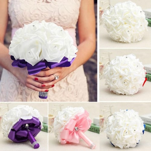 Handmade white Crystal Bridal Wedding Bouquet Silk Flower Bridesmaid Foam Brooch 