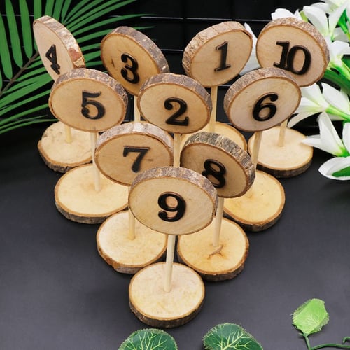 Set of 25 Freestanding wedding wooden table numbers with round bases/sticks 
