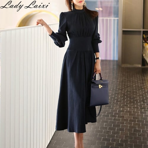 2019 Spring Solid A-line Dress Women Plus Size Navy Blue Full puff Sleeve  Stand neck Casual Office Dress Elegant Work Dresses - buy 2019 Spring Solid  A-line Dress Women Plus Size Navy