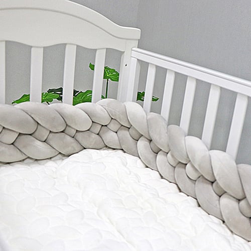 59 inch 1.5m,White+Grey+Pink） Baby Braided Crib Bumper Knotted Plush Protective Decorative Nursery Gift Pillow for Newborns Bed Sleep Bumper Safe forToddler/Newborn 