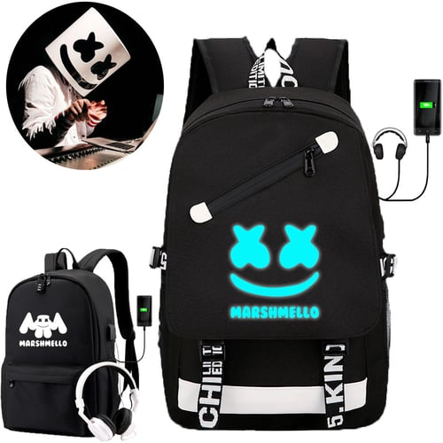 Black Luminous DJ Laptop Backpack Studen Daypack with USB Charging Fashion Bag 