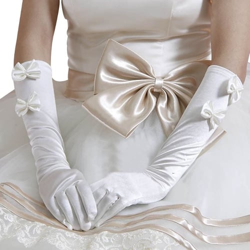 Elbow Flower Lace Satin Pearl Bridal Gloves Wedding Party Prom Costume White 