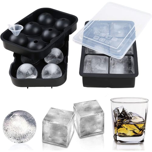 Ticent Ice Cube Trays (Set of 2) - Silicone Sphere Whiskey Ice Ball Maker  with Lids & Large Square Ice Cube Molds for Cocktails & Bourbon - Reusable  & BPA Free 