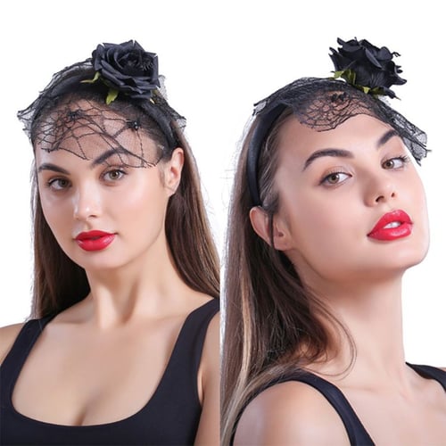 Black headband with veil, Black Headpiece with spider and ve