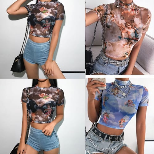 Women Short Sleeve Turtleneck Crop Top Angel Cupid Print Sexy Sheer Mesh T- Shirt - buy Women Short Sleeve Turtleneck Crop Top Angel Cupid Print Sexy Sheer  Mesh T-Shirt: prices, reviews | Zoodmall
