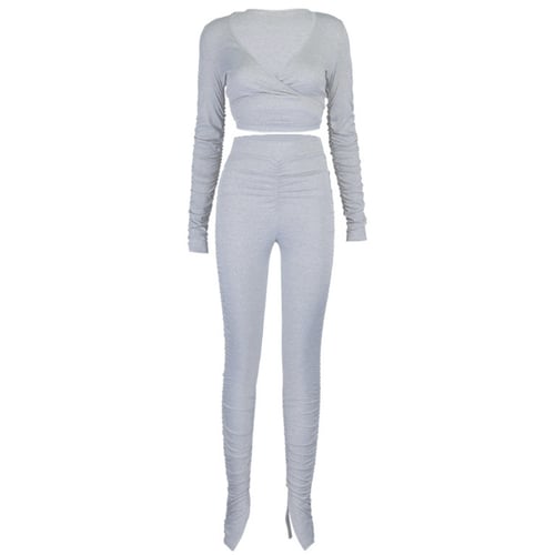 Two Piece Set Women Tracksuit Ruched Top Stacked Pants Sweat Suits