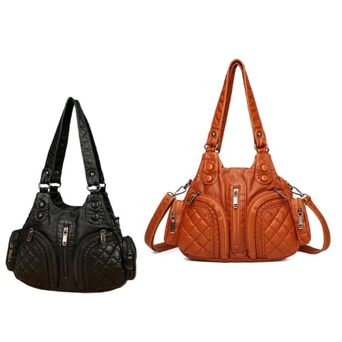 Middle Aged Women's Shoulder Bag, Soft Pu Leather Multi Zipper