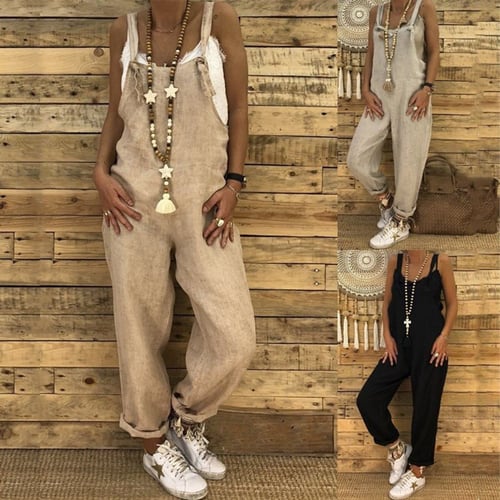 Cotton and linen casual hot sale style suspender pocket jumpsuit