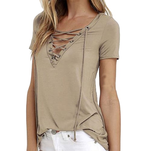 Women Short Sleeve T-Shirt y V-Neck Criss Cross Lace-Up Loose