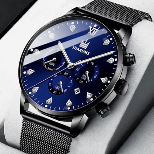 SHAARMS Men Simple Quartz Watch Mesh Strap Three eye Calendar