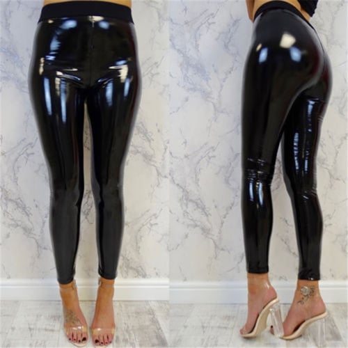 Ladies High Waist Faux Leather Leggings Wet Look Shiny Stretchy Tight Pant