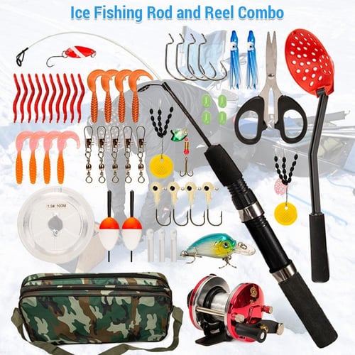Ice Fishing Rod Kit, 50cm Ice Fishing Rod Kit Carbon Fiber Fishing Rod with  Reel Hooks Spoon Storage Box Hunting Backpacks for Winter Outdoor