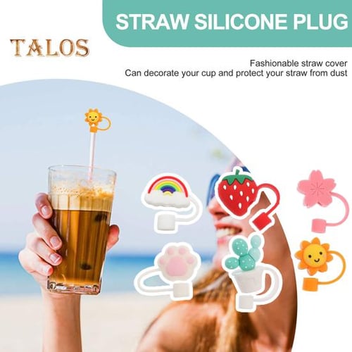 Straw Topper Food Grade Flower Pattern Cartoon with Handle Multi-purpose  Silica Gel Tumbler Straw Tip Cover Bar Accessories