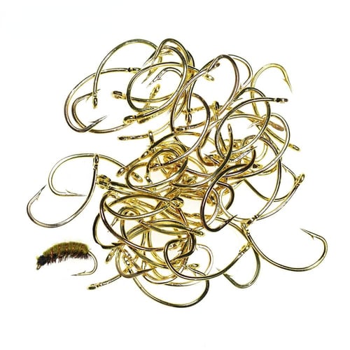 Kylebooker 50pcs Gold Color Curved Shank Fly Hook Nymph Scud