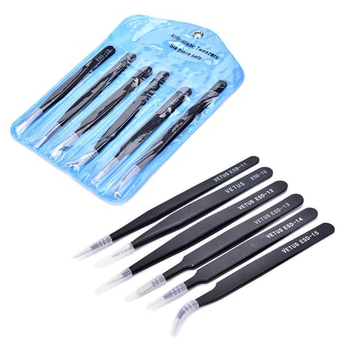 6PCS Precision Tweezers Set ESD Anti Static Stainless Steel Tweezers Repair  Tools for Electronics Repair Soldering Craft