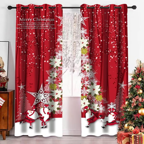 Happy New Year Christmas Curtain Traditional Festival Snow Tree Living Room Bedroom Window Curtains Kitchen Ds