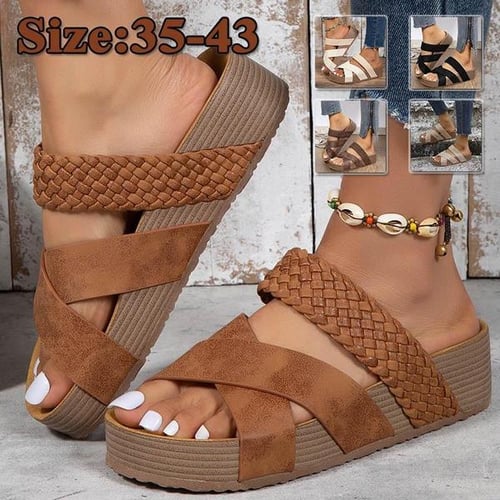 Dezsed Women's Wedges Slippers Clearance Summer Ladies Embroidered Sandals  Casual Footwear Casual Roman Slippers Brown 35 