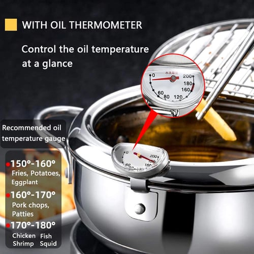 304 Stainless Steel Tempura Deep Fryer Pot Oil Frying Pan With Thermometer  for French Fries Kitchen Tempura Household Onion Ring