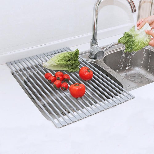 2 Pack Triangle Dish Drying Rack for Sink Corner Roll Up Dish Drying Rack  Folding Stainless Steel Multipurpose Over The Sink Corner Dish Drainer Mat  for Kitchen Grey 