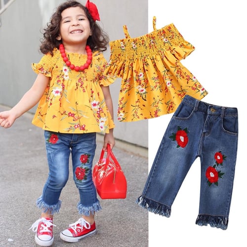 2PCS Toddler Kids Baby Girls Outfits Cotton Tops+Denim Flared