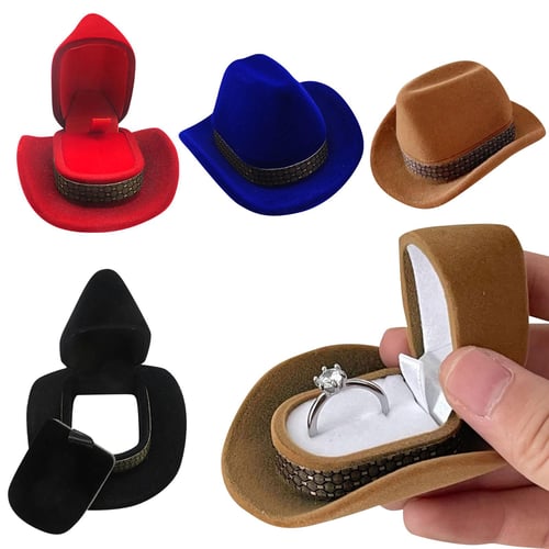  Creative Cowboy Hat Shape Rings Box Velvet Brown