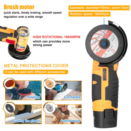 Cordless Angle Grinder Tool Kit Portable Lithium Electric Angle Grinder  19500rpm Rechargeable Power Cutter with 2pcs Batteries 2pcs Grinding Discs  for Grinding Polishing Cutting Rust Remov 