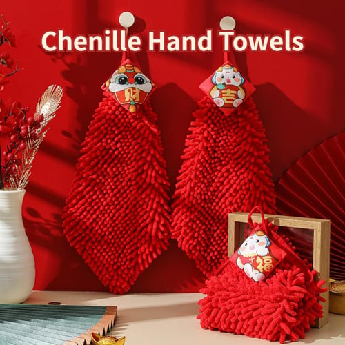 Red Chenille Hands Towel, Chinese Kitchen Towel