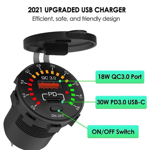 QC3.0 PD USB Car Quick Charge Socket Color Screen Dual USB 4.8A