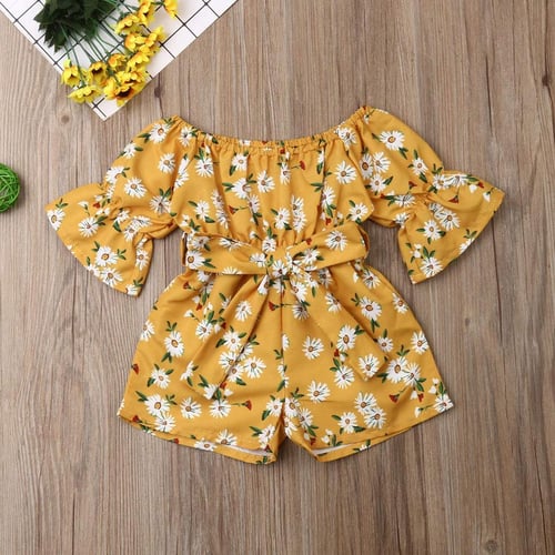 SU)Baby Kids Girls Flare Sleeve Off-Shoulder Floral Print Romper Jumpsuit  With Belt - buy (SU)Baby Kids Girls Flare Sleeve Off-Shoulder Floral Print  Romper Jumpsuit With Belt: prices, reviews