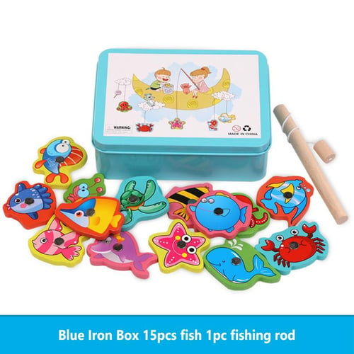15pcs Wooden Magnetic Fishing Toy Set With Iron Box Building Block  Parent-child Interaction - buy 15pcs Wooden Magnetic Fishing Toy Set With  Iron Box Building Block Parent-child Interaction: prices, reviews