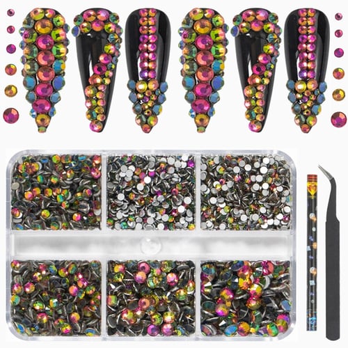 CHARMING MAY 3D Nail Jewels for Nail Art,Aurora Symphony Glass Flat Bottom  Multi Shape Rhinestones Water Ripple Mix Nail Crystal Gems Nail Diamonds