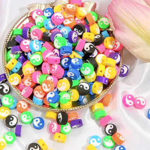 30pcs 10mm Colorful Smile White Clay Beads Flat Round Beads Polymer Beads  for Jewelry Making DIY Hand Made Jewelry Accessories