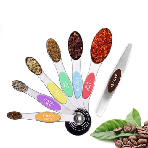 1set Magnetic & Stackable Stainless Steel Double-sided Measuring Spoon Set  With Colorful Handles For Baking And Cooking