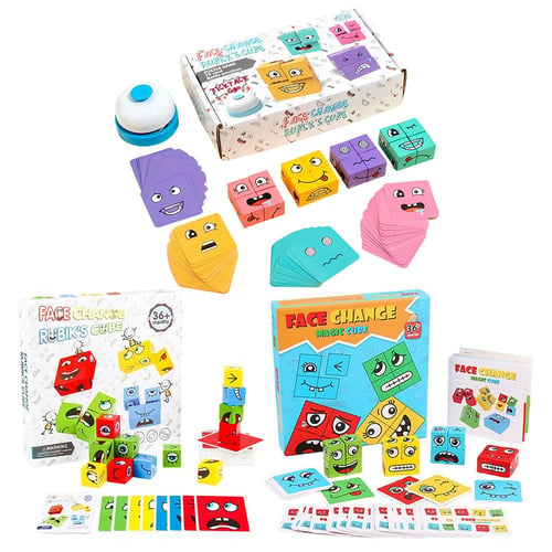 Bois Visage Changer Magic Cube, Blocs de construction Jeu Matching  Expression Puzzle Toy avec Bell 1pc