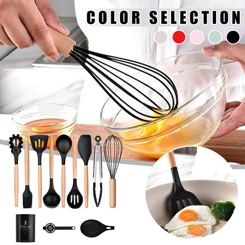 11 Piece Silicone Cooking Tableware Set With Wooden Handle Heat