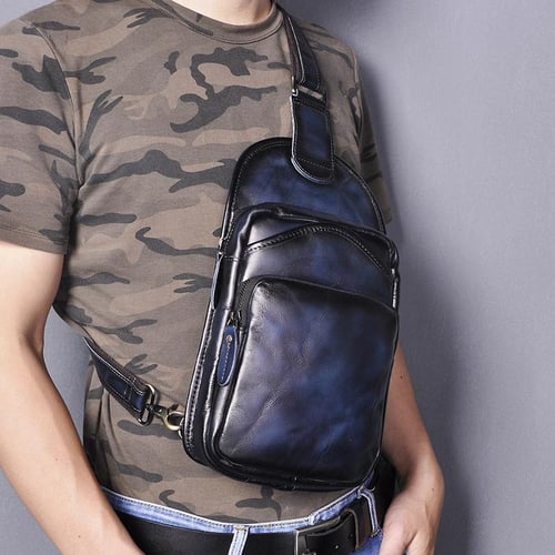 Men Crazy Horse Leather Casual Fashion Triangle Chest Sling Bag