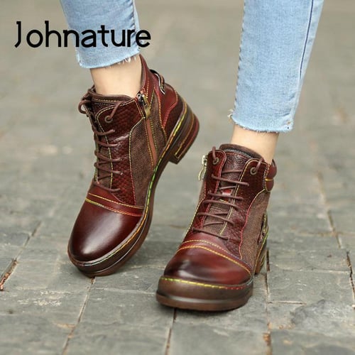 Johnature Long Boots Women Shoes Round Toe Winter Genuine Leather