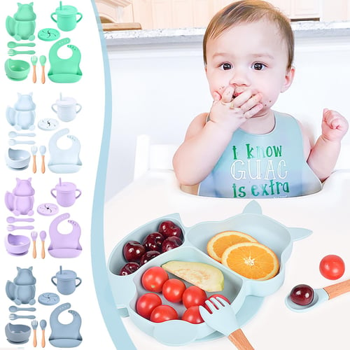 6-Piece Baby Feeding Set - Silicone Bib Suction Plate Suction Bowl