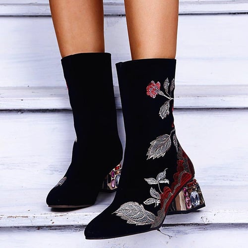 plain mid heeled velvet round toe casual mid calf high heels boots