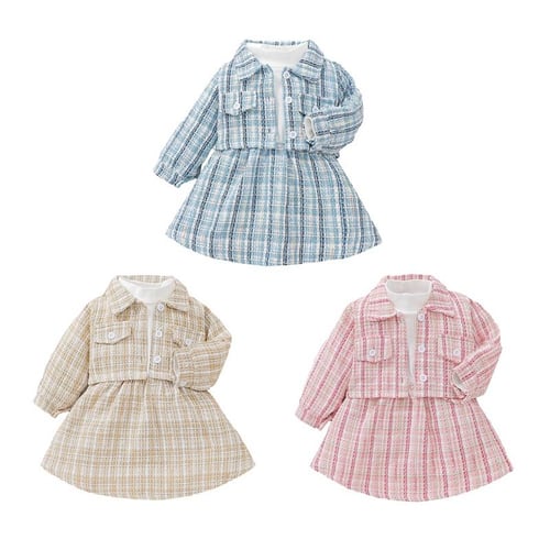 Toddler Girls Dress Suit Plaid Button Coat and Long Sleeve Dress