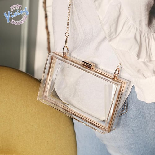 Women Cute Clear Purse Acrylic Box Clutch Handbag, Transparent Crossbody  Shoulder Evening Bag Stadium Approved Chain Strap (Black Platinum): Handbags