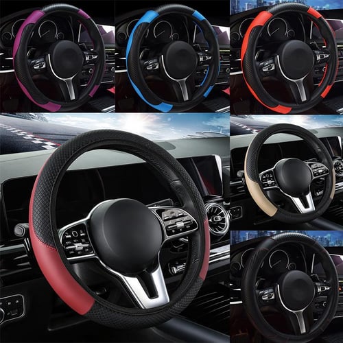 Sports Style Black Carbon Fiber PU Leather Car Steering Wheel Cover 38CM  15