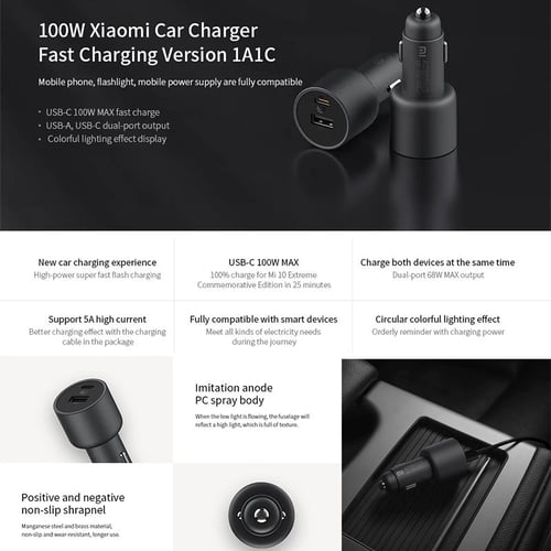 Xiaomi car charger fast charging version 1A1C 100W Negro - CC07ZM