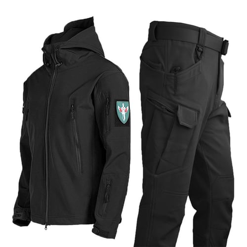 Soft Shell Suit Men Waterproof Tactical 2 Pcs Set Shark Skin Windproof  Hooded Jacket Multi-pockets Cargo Pants Uniforms